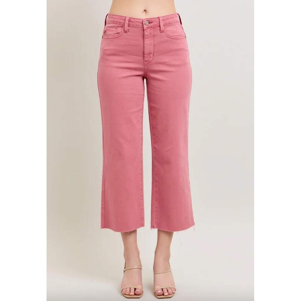 Judy Blue Pink Wide Leg Crop Jeans Frayed Hem Distressed Size 1/25
